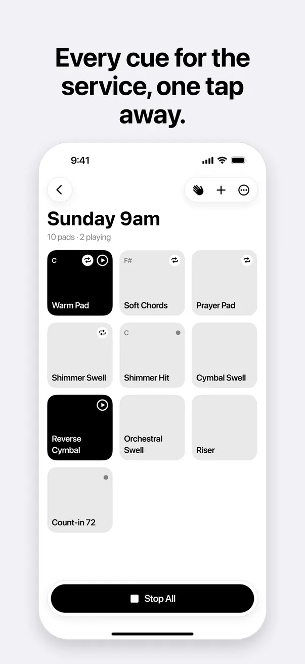 Every cue for the service, one tap away: the Sunday 9am board on iPhone.