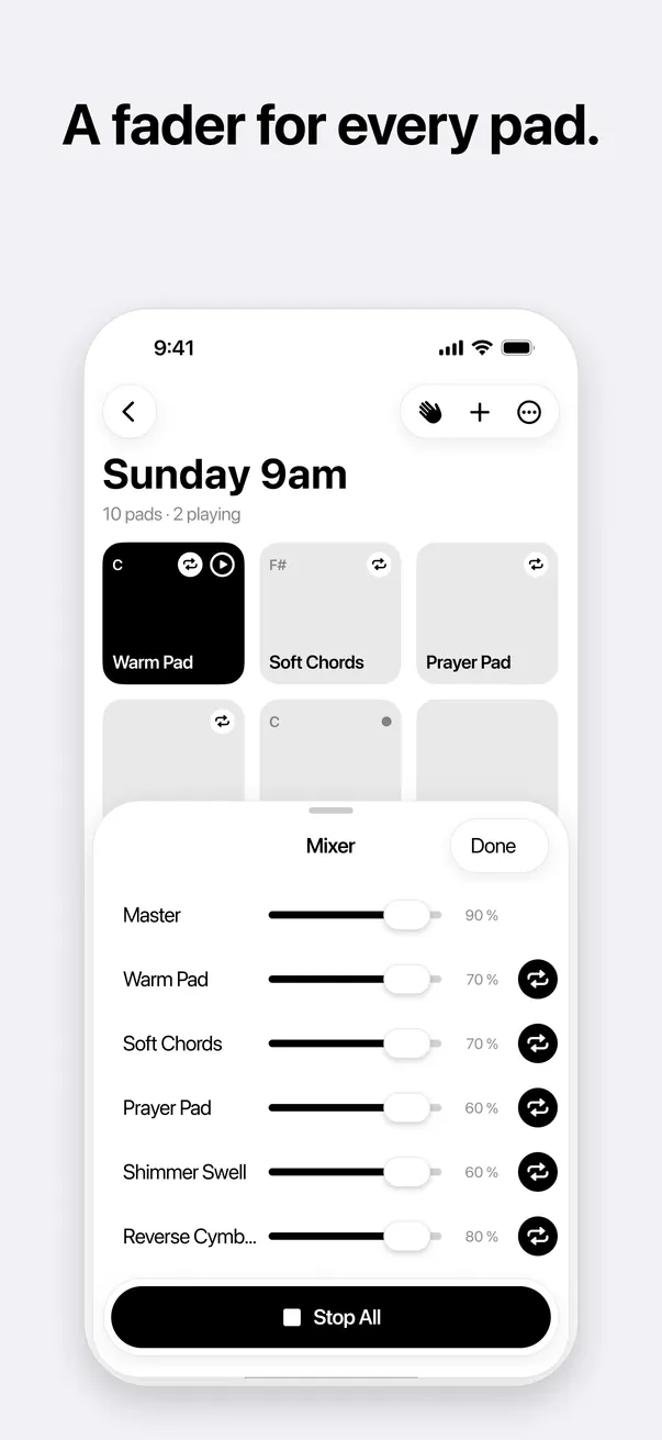 A fader for every pad: the mixer sheet on iPhone.