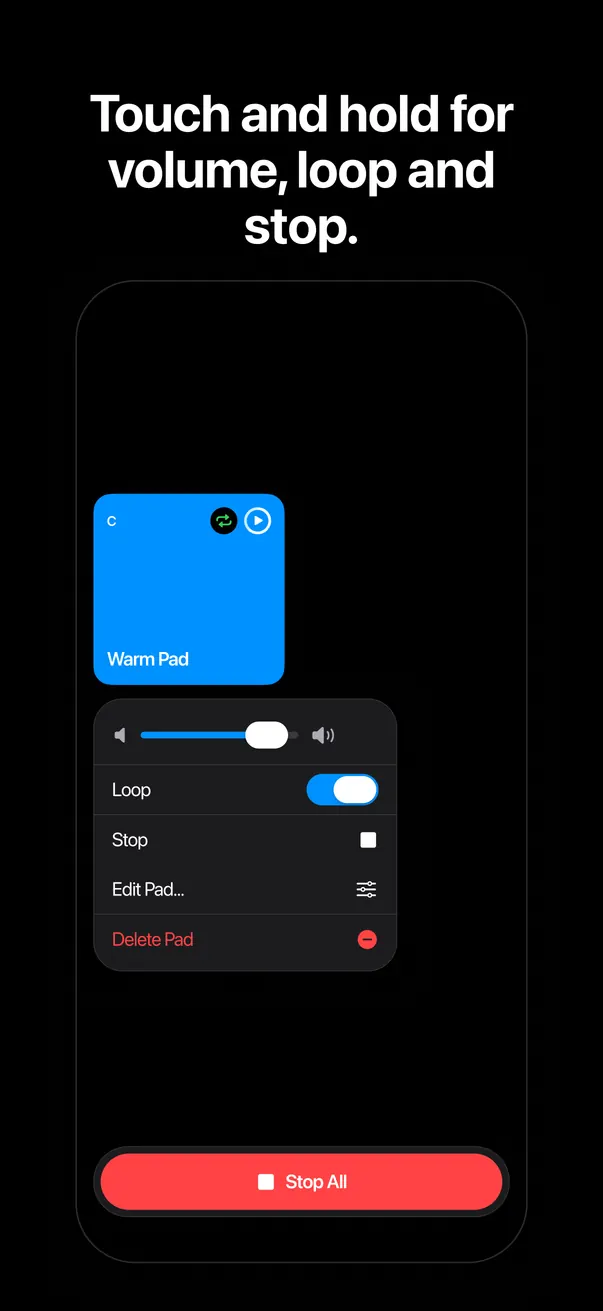 Press and hold a pad for quick volume and loop controls.