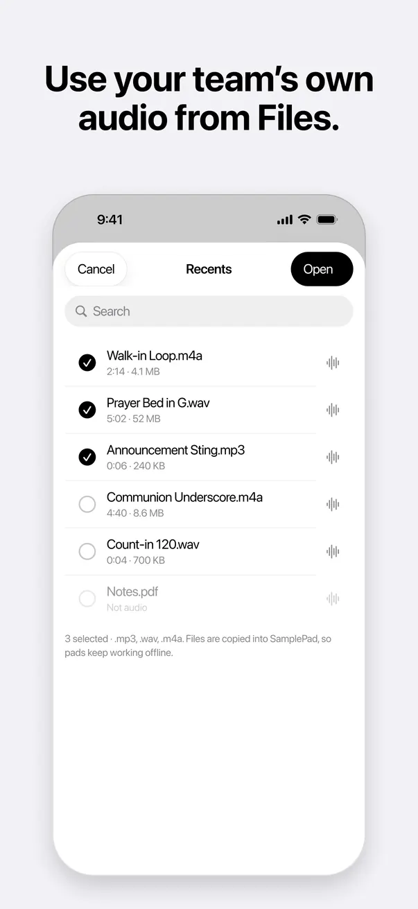 Importing audio files from the Files app on iPhone.